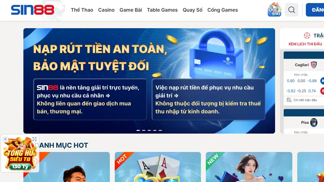 Sin88 là tâm điểm cá cược thể thao trực tiếp